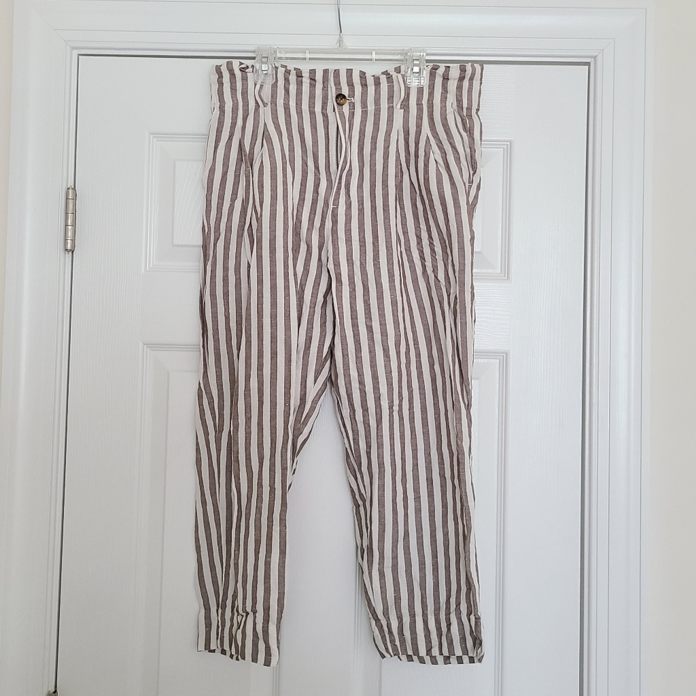 Madewell Pants Striped Linen Blend Paperbag Pants White Brown 8 - Picture 3 of 5